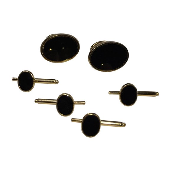 Pierre Cardin Gold and Onyx Cuff Links and Stud Se